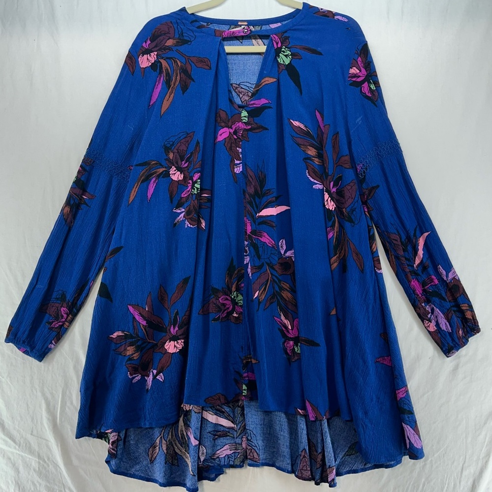 Free People Blue Floral‎ Print Tunic Dress Keyhole Women’s Size Medium
